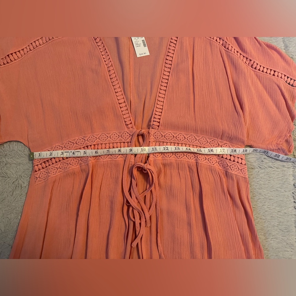 Maurices Peachy Coral Hue Embroidered Long Tunic Cover Up w/ Front Ties & Slits - Picture 8 of 12